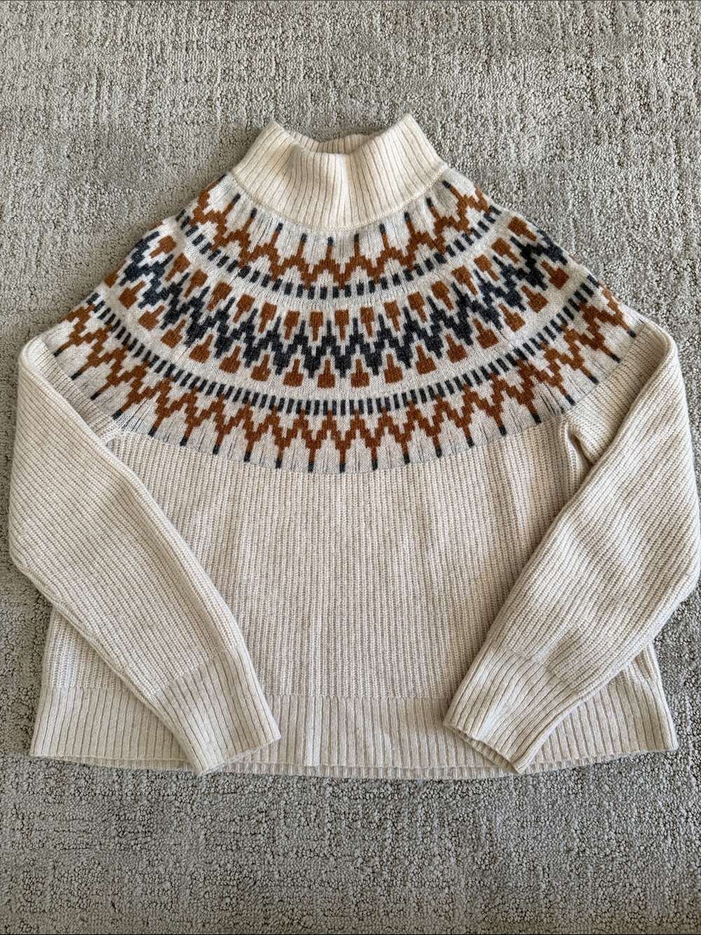 J.CREW Cream Turtleneck Sweater with Brown & Gray Fair Isle Yoke | Size XXS